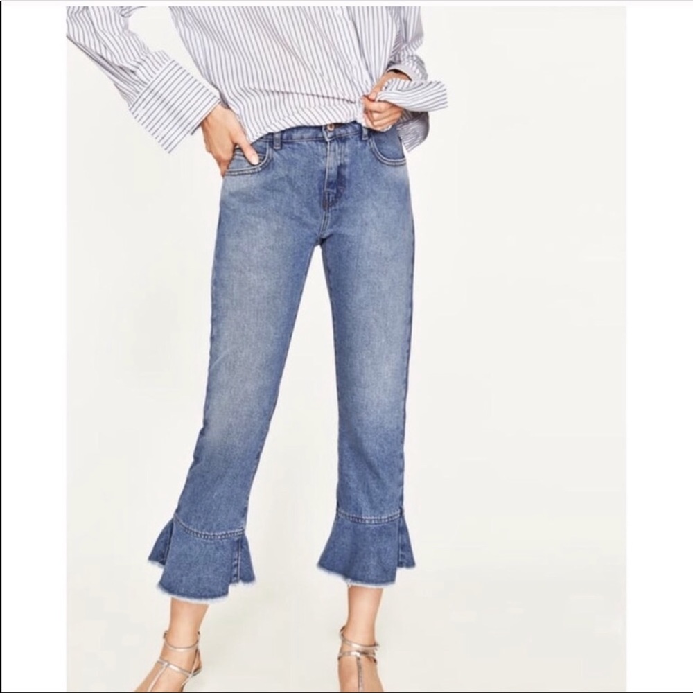 Zara Blue Cropped Ruffle-Hem Jeans